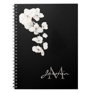 Carnet Modern Black and White Orchid Floral Monogram
