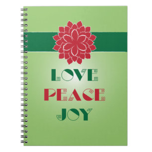 Carnet Modern Green and Red Love, Peace, Joy quote