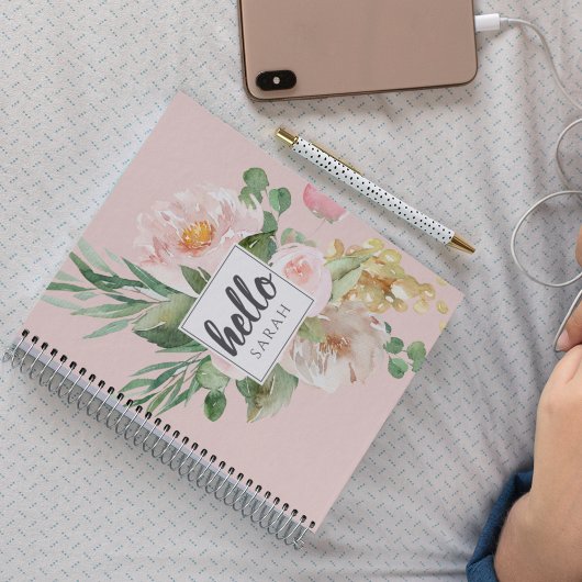 Carnet Modern Watercolor Pink Flowers & Hello & Nom
