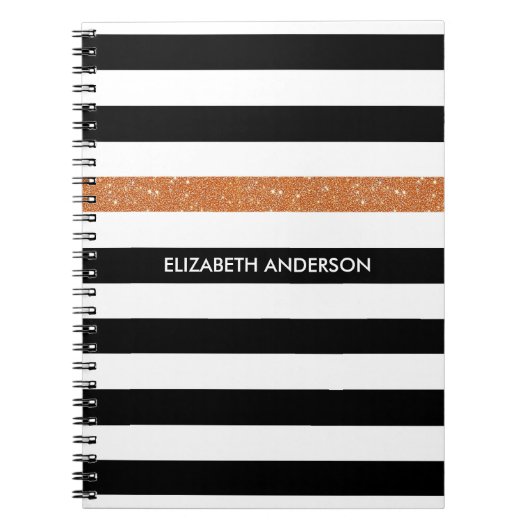Carnet Moderne Black Stripes FAUX Orange Glitz et nom (Devant)