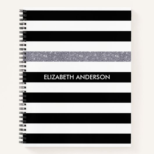 Carnet Moderne Black Stripes FAUX Silver Glitz et nom (Devant)