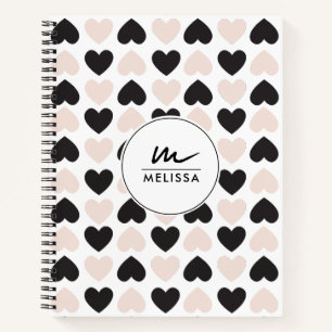 Carnet Moderne Blush rose noir Coeurs d'amour Monogramme