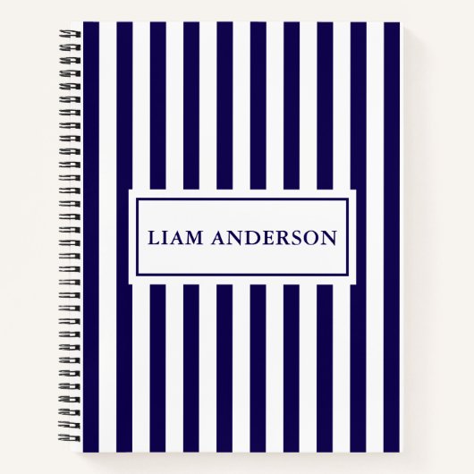 Carnet Moderne Chic Marine Bleu & Blanc Rayures Verticale (Devant)