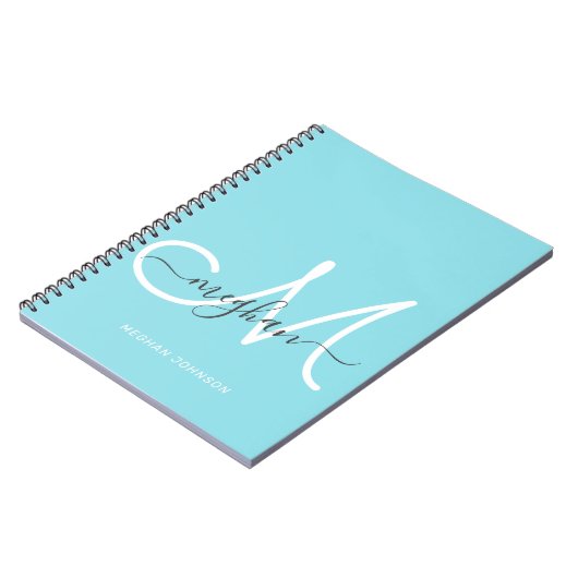 Carnet Moderne Chic Monogramme Script Blanc Bleu Clair (Côté gauche)