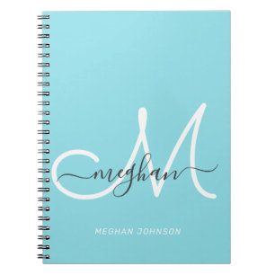 Carnet Moderne Chic Monogramme Script Blanc Bleu Clair