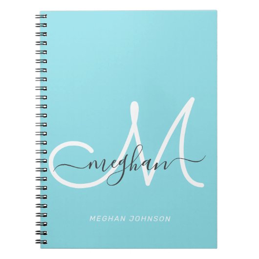 Carnet Moderne Chic Monogramme Script Blanc Bleu Clair (Devant)