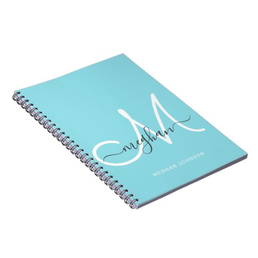 Carnet Moderne Chic Monogramme Script Bleu Clair et Blanc (Côté Droit)
