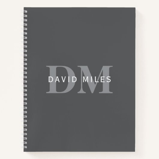 Carnet Moderne Élégant Gris Foncé Monogramme & Nom (Devant)