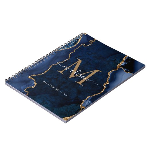 Carnet Moderne Marine Blue Gold Agate Géode Monogramme Sc (Côté gauche)