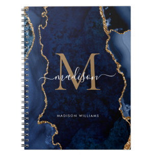 Carnet Moderne Marine Blue Gold Agate Géode Monogramme Sc