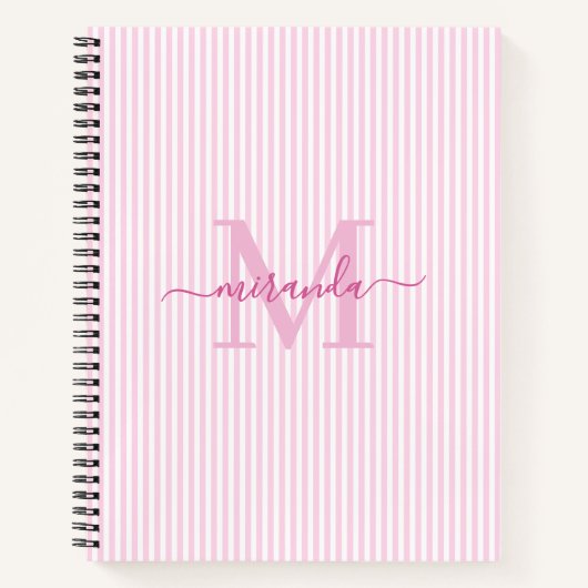 Carnet Moderne monogramme avec rayures roses et blanches (Devant)