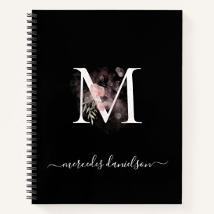 Carnet Moderne Monogramme Floral Blanc Noir Rose Pâle