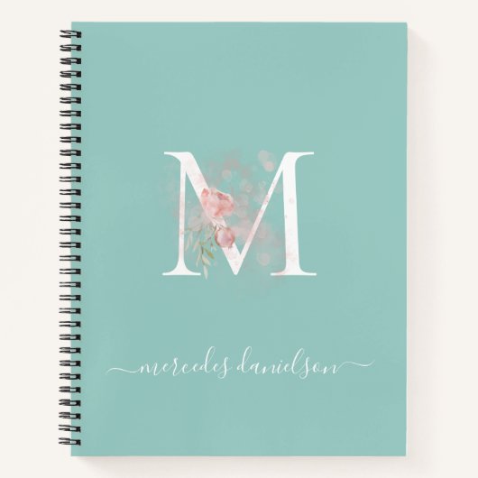 Carnet Moderne Monogramme Floral Vert Menthe Rose (Devant)