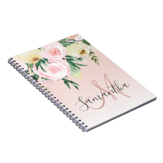 Carnet Moderne Pastel Rose & Fleurs Avec Nom (Côté Droit)