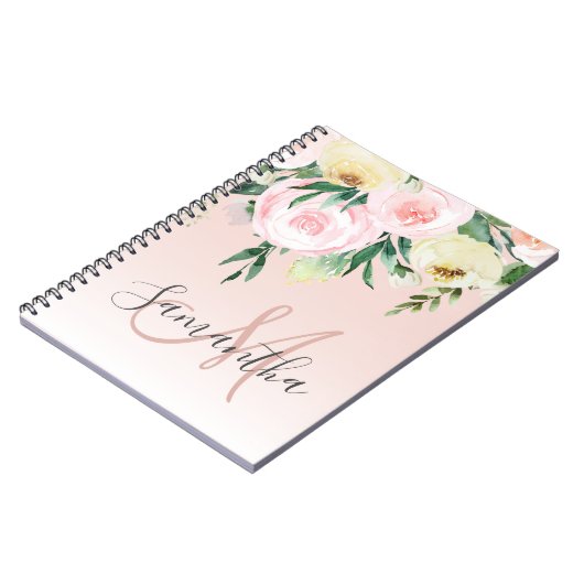Carnet Moderne Pastel Rose & Fleurs Avec Nom (Côté gauche)