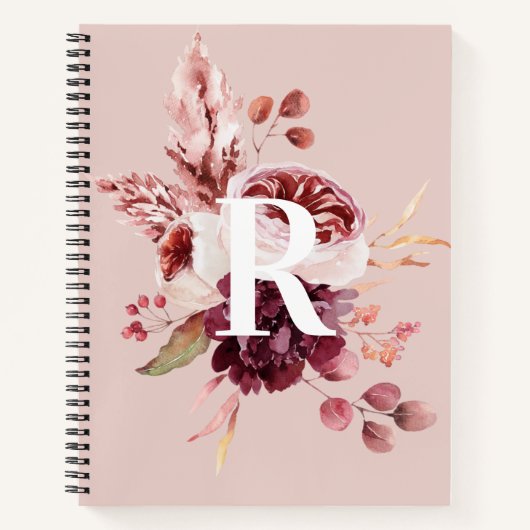 Carnet Moderne Pastel Rose & Flore Rouge Avec Initiale (Devant)