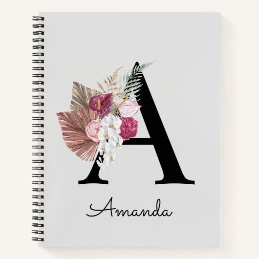 Carnet Moderne Rose Boho Féminin Floral Initiale A (Devant)