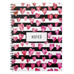 Carnet Moderne Rose Noir Rayé Love Coeur Personnalisé