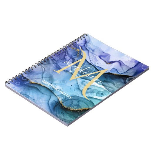 Carnet Monogram Blue & Gold Fluid Encre d'alcool Abstrait (Côté gauche)