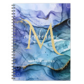 Carnet Monogram Blue & Gold Fluid Encre d'alcool Abstrait (Devant)