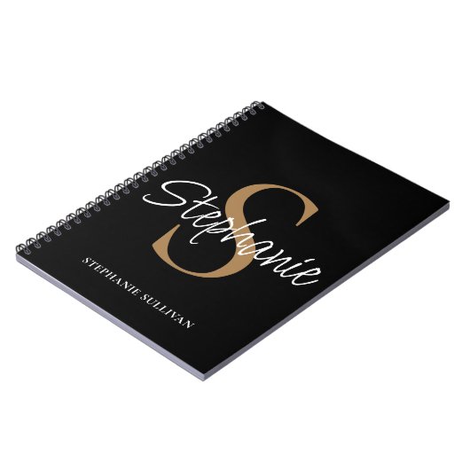 Carnet Monogram Elegant Script Name Black Gold  (Côté gauche)