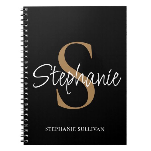 Carnet Monogram Elegant Script Name Black Gold  (Devant)