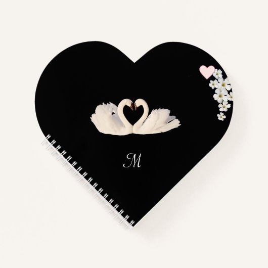 Carnet Monogram Fleurs blanches et cygnes sur fond noir (Devant)