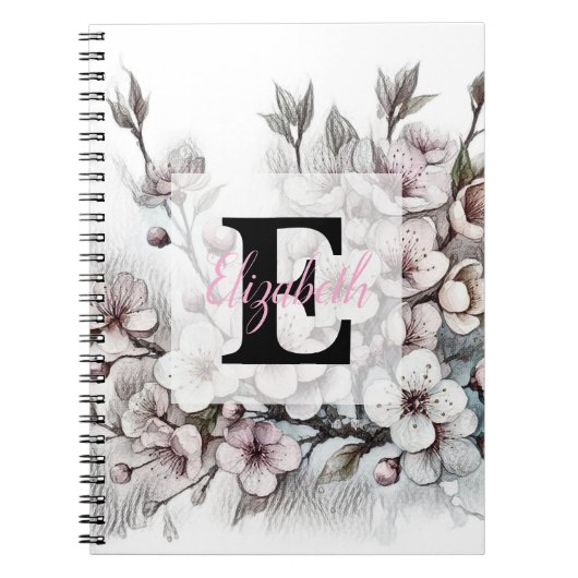 Carnet Monogram floral drawing pink cherry blossom (Devant)