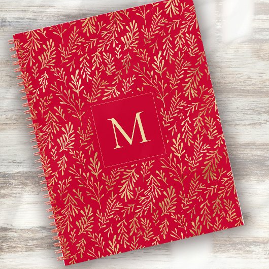 Carnet Monogram Luxury Red Gold Leaf Pattern Festive