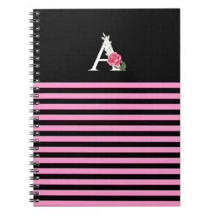 Carnet Monogramme A en rose blanc et rayures de feuilles