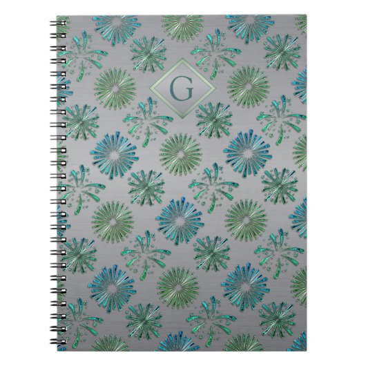 Carnet Monogramme à motif bleu vert orné élégant (Devant)