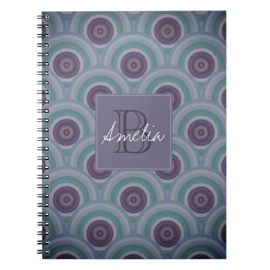 Carnet Monogramme à motif de cercles rétro violet et vert (Devant)