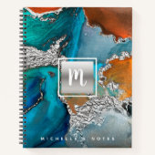 Carnet Monogramme agate aquarelle argent turquoise orange (Devant)