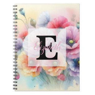 Carnet Monogramme aquarelle florale fleurs de pavot roses