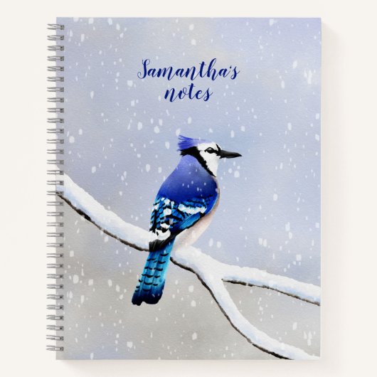 Carnet Monogramme Aquarelle hiver Neige Oiseau Bleu Jay (Devant)