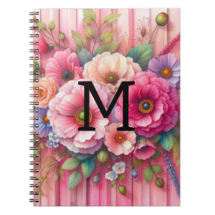 Carnet Monogramme aquarelle pastels fleurs sur bois rose