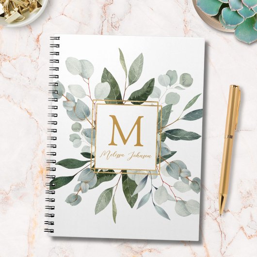 Carnet Monogramme Aquarelle Vert Tropical Eucalyptus