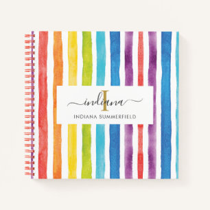 Carnet Monogramme Arc-en-ciel Rayures colorées Nom Aquare