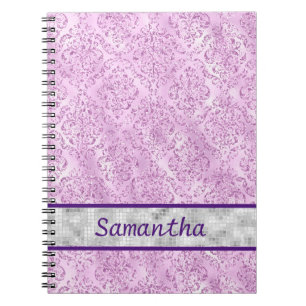 Carnet Monogramme argenté pourpre damassé
