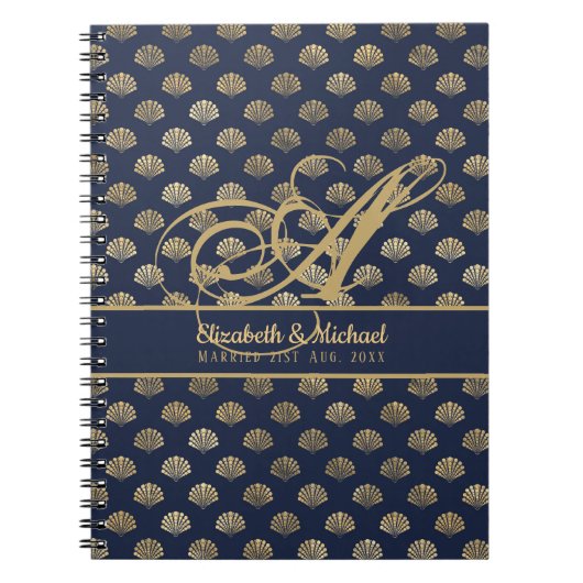 Carnet Monogramme ART Déco Marine Blue Gold Shells Newlyw (Devant)
