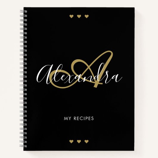 Carnet Monogramme Black Gold Elegant Script Name Recette (Devant)