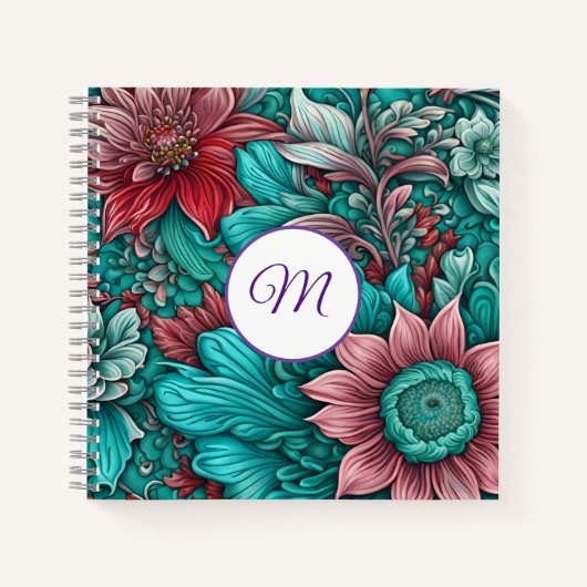 Carnet Monogramme, Bleu cyan, Rouge, Fleurs lunaires (Devant)