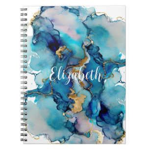 Carnet Monogramme Bleu Doré Lavage Aquarelle Abstraite