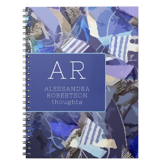 Carnet Monogramme bleu marine abstrait violet rayures bla (Devant)