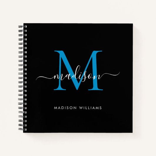 Carnet Monogramme bleu noir élégant Nom initial du script (Devant)