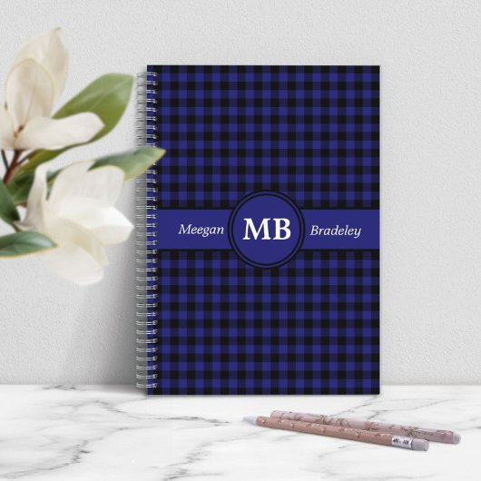 Carnet Monogramme carreaux bleu moderne