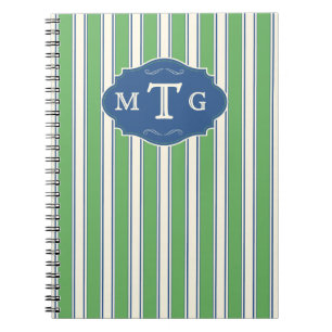 Carnet Monogramme Classique 3 Lettres Rayures Bleu Vert