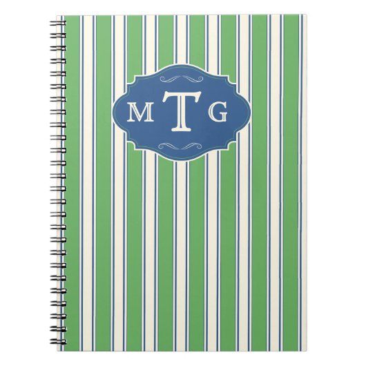 Carnet Monogramme Classique 3 Lettres Rayures Bleu Vert (Devant)