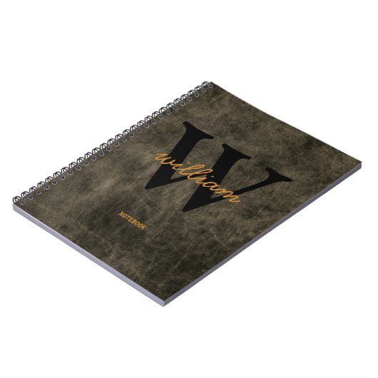 Carnet Monogramme cuir noir or script nom chic (Côté gauche)