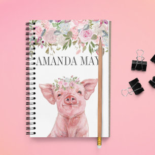 Carnet monogramme d'aquarelle de fleurs de porc rose